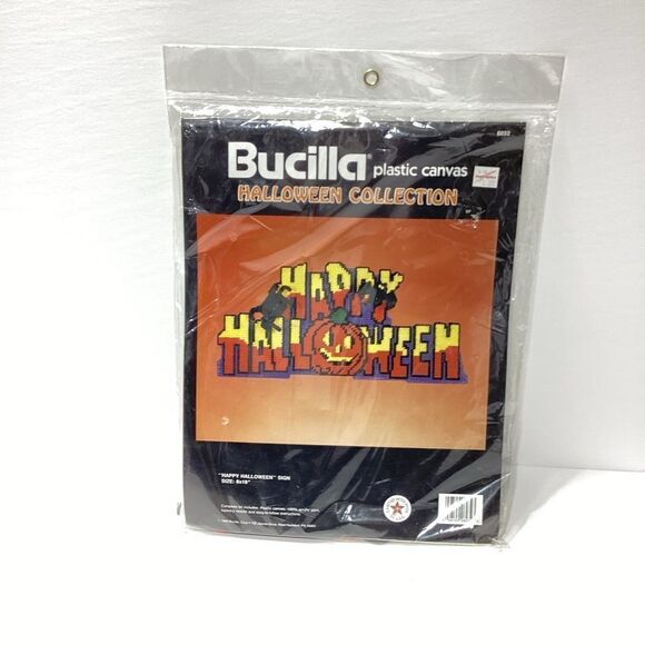Bucilla Plastic Canvas Halloween Collection Happy Halloween Sign 1990 Sealed - Picture 1 of 8